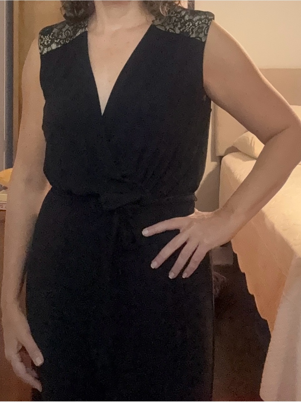 Emma & Michele Black Lace-Trim Wrap Jumpsuit